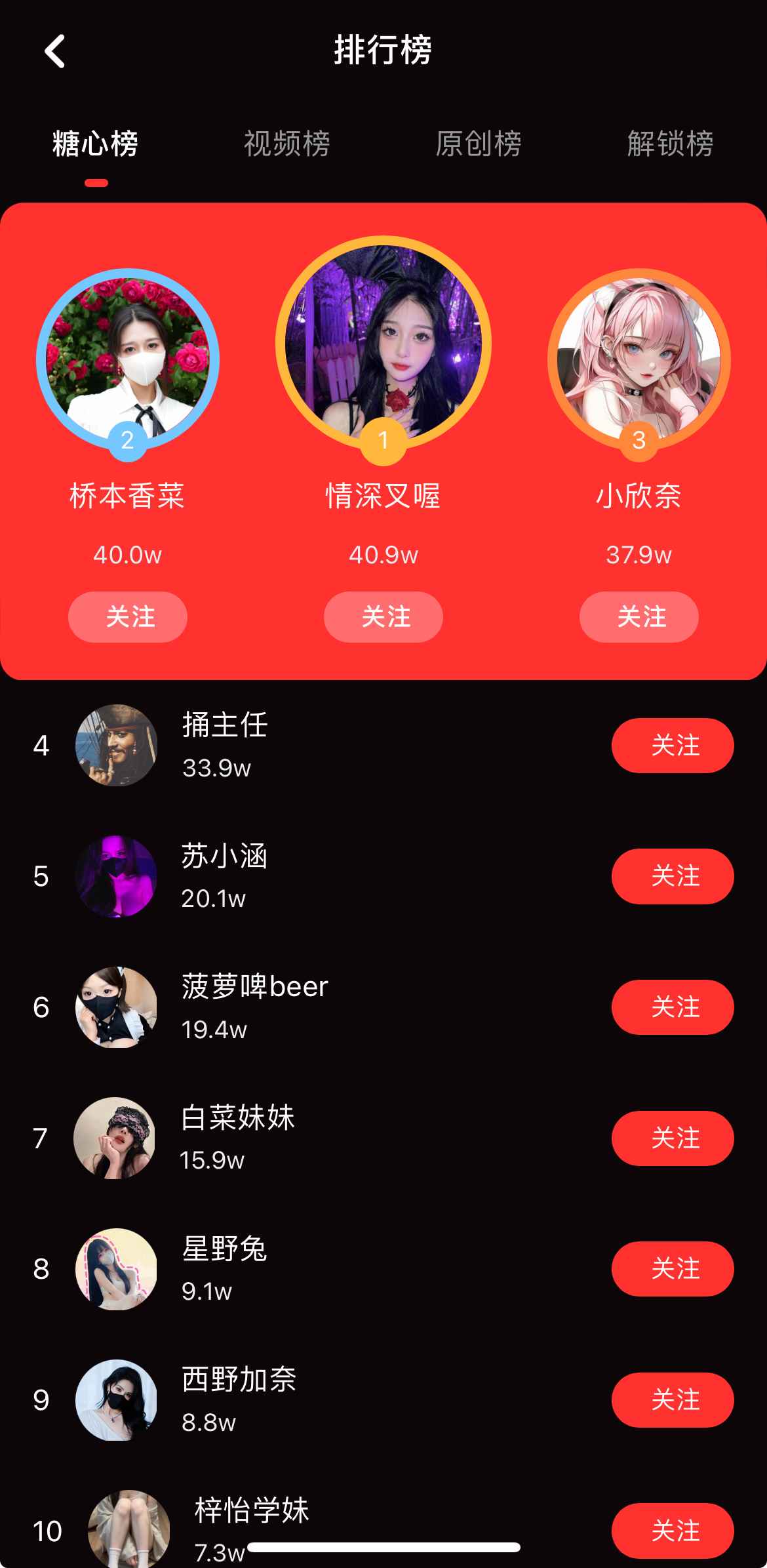 糖心Vlog排行榜热度榜单界面